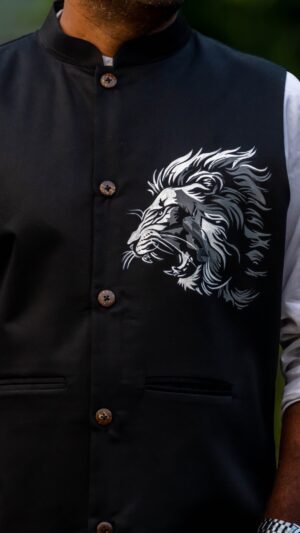 Black Lion Painted Nehru Jacket