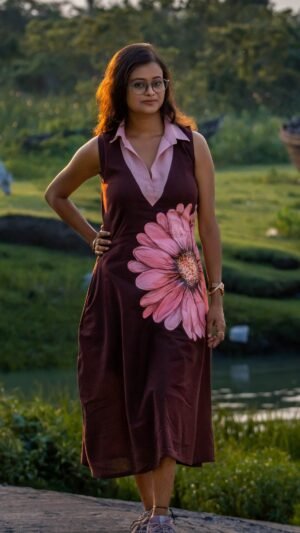 Kshiti Hand-Painted Cotton A-Line Dress – Chocolate Brown & Peach