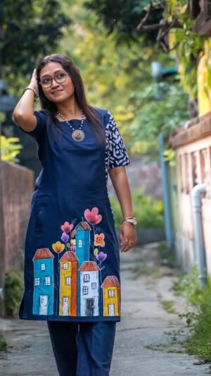 Front view of midnight blue cotton tunic featuring vibrant hand-painted house artwork at the hemline
