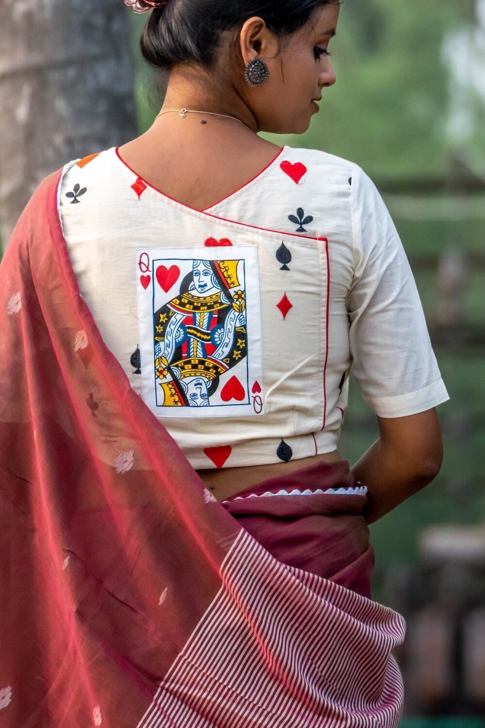 handpainted taash blouse , painting on back, kora khadi material