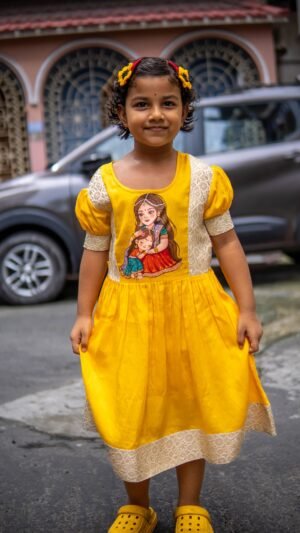 Front view of a child standing outdoors in the yellow handpainted Durga Dulali cotton frock featuring brocade accents.