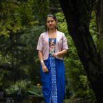 Full-length front shot of modern hand painted ready to wear 3-piece dhoti set with jacket