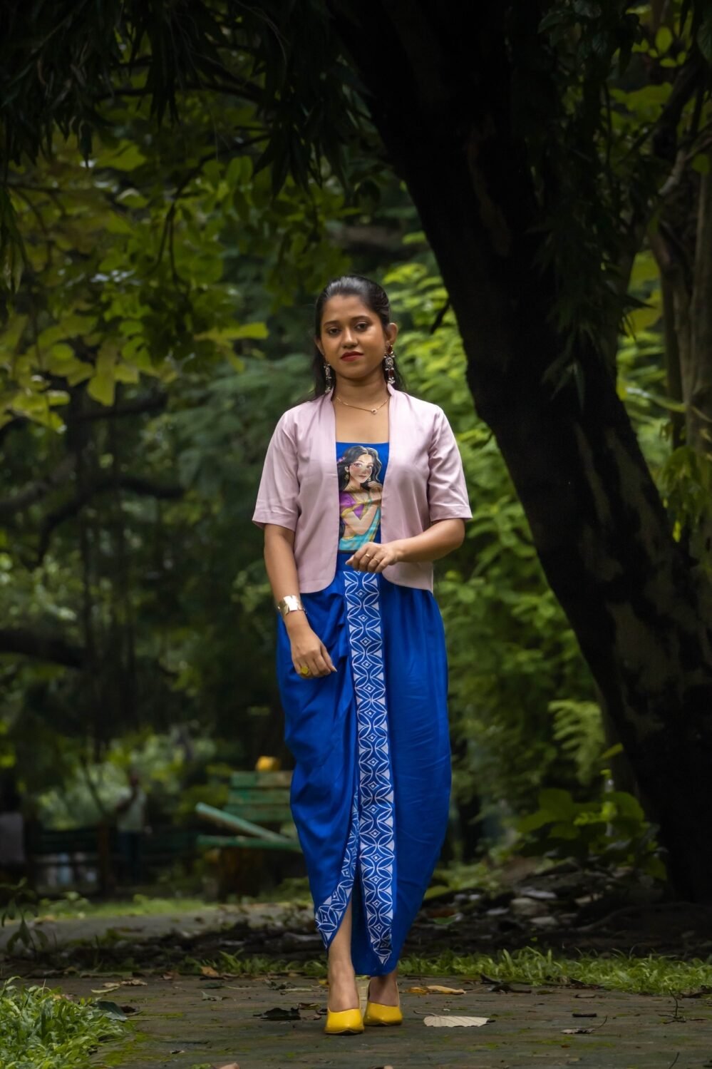 Full-length front shot of modern hand painted ready to wear 3-piece dhoti set with jacket