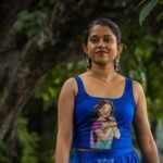 front view of royal blue hand painted bustier blouse paired with dhoti
