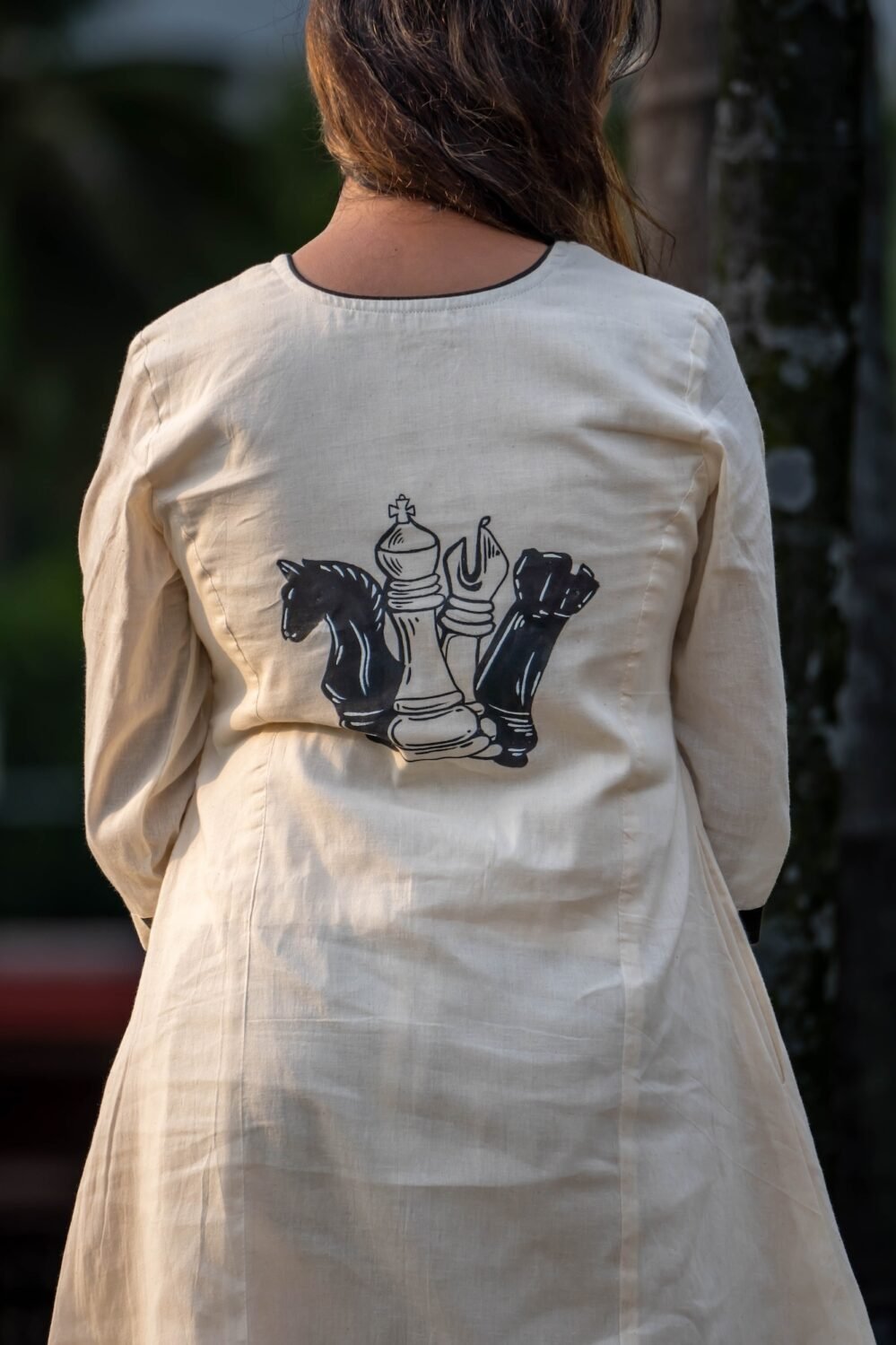 back view of hand painted chess theme on co-ord set