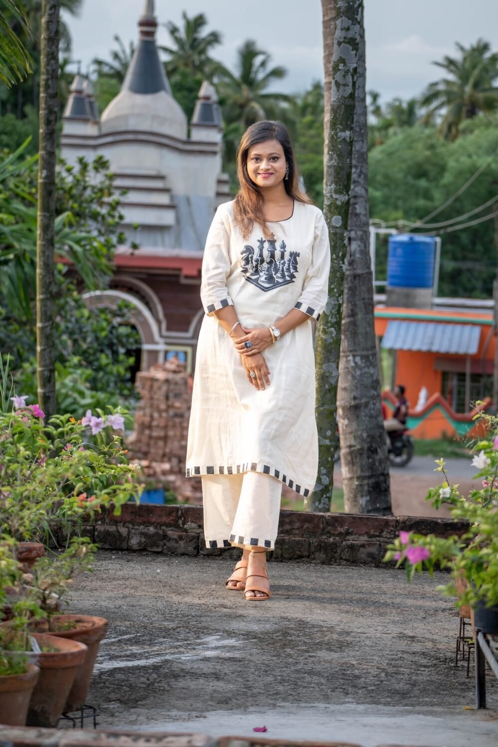 women wearing handpainted chess co-ord by Aankibukis Couture