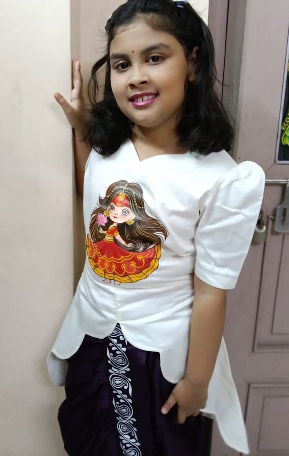 Hand painted Durga Dhoti co-ord set for girl