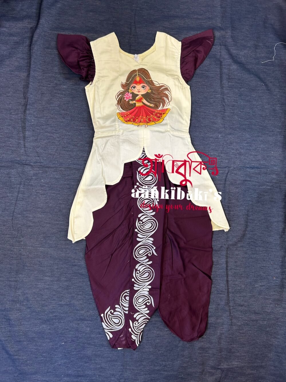clear image of hand painted durga dhoti co-ord set