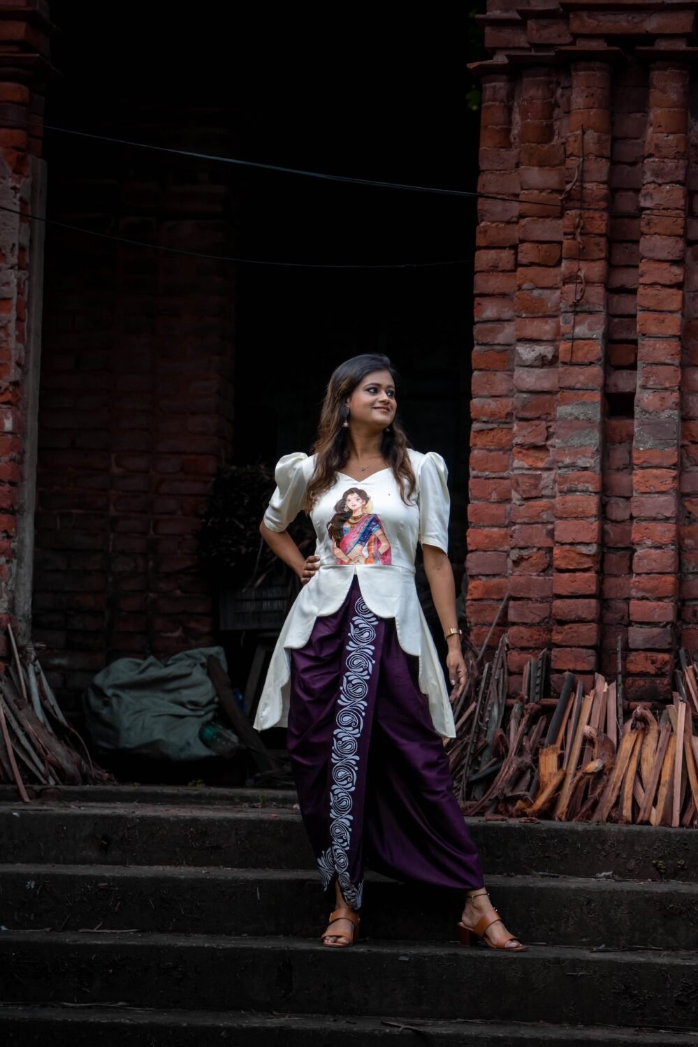 Full view of the Indo western fusion set showing the drape and flow of the 36-inch dhoti.