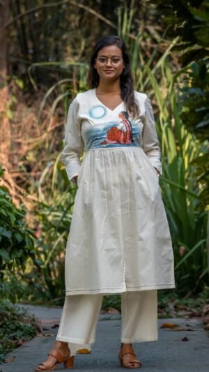 Aankibukis Couture Kora Moon Light Co-ord set featuring handpainted bodice artwork, pockets, and wide-leg trousers.