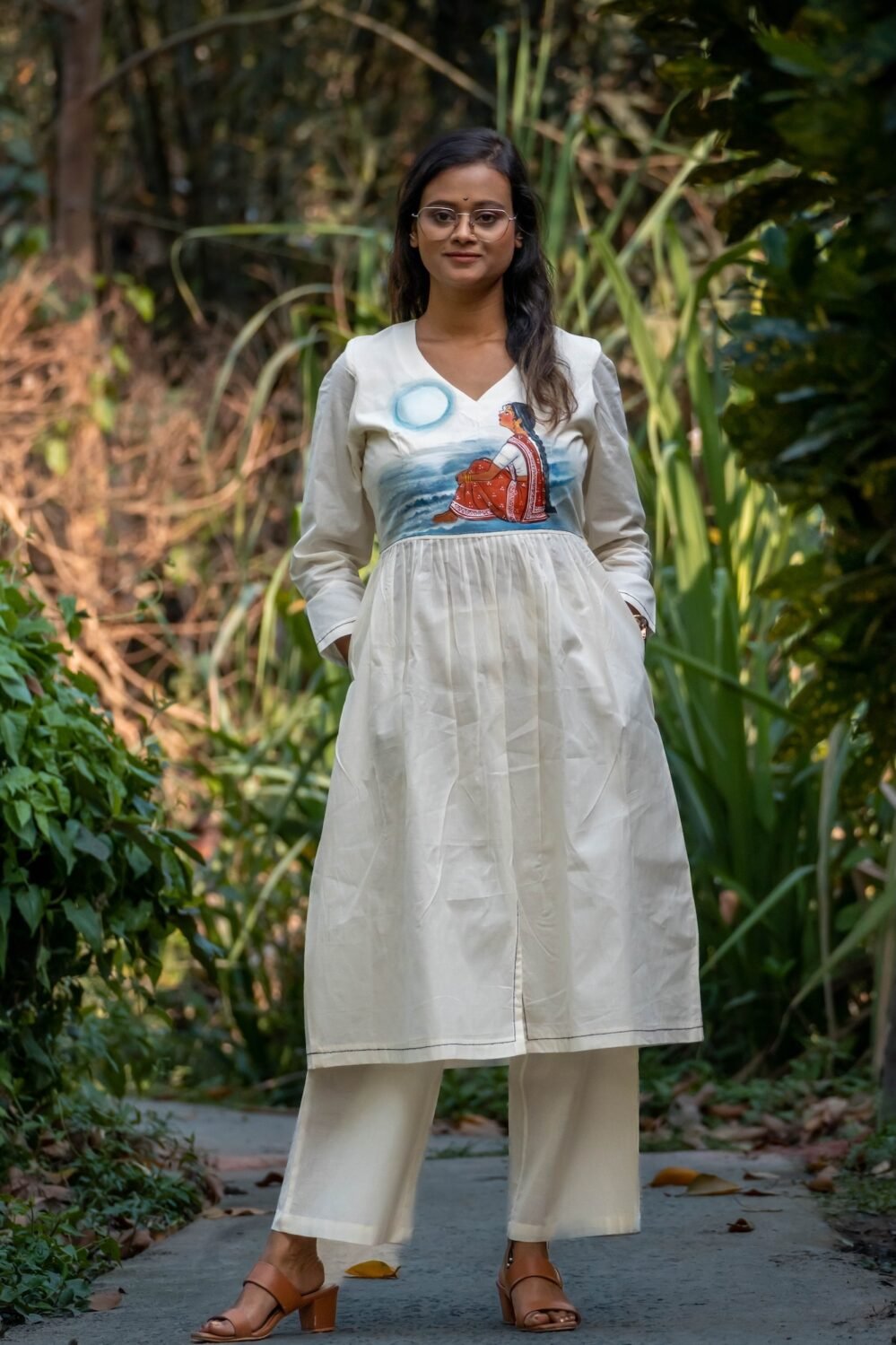 Aankibukis Couture Kora Moon Light Co-ord set featuring handpainted bodice artwork, pockets, and wide-leg trousers.