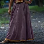 3. Full-length shot of 37-inch crushed silk lehenga skirt draped in fluid movement.