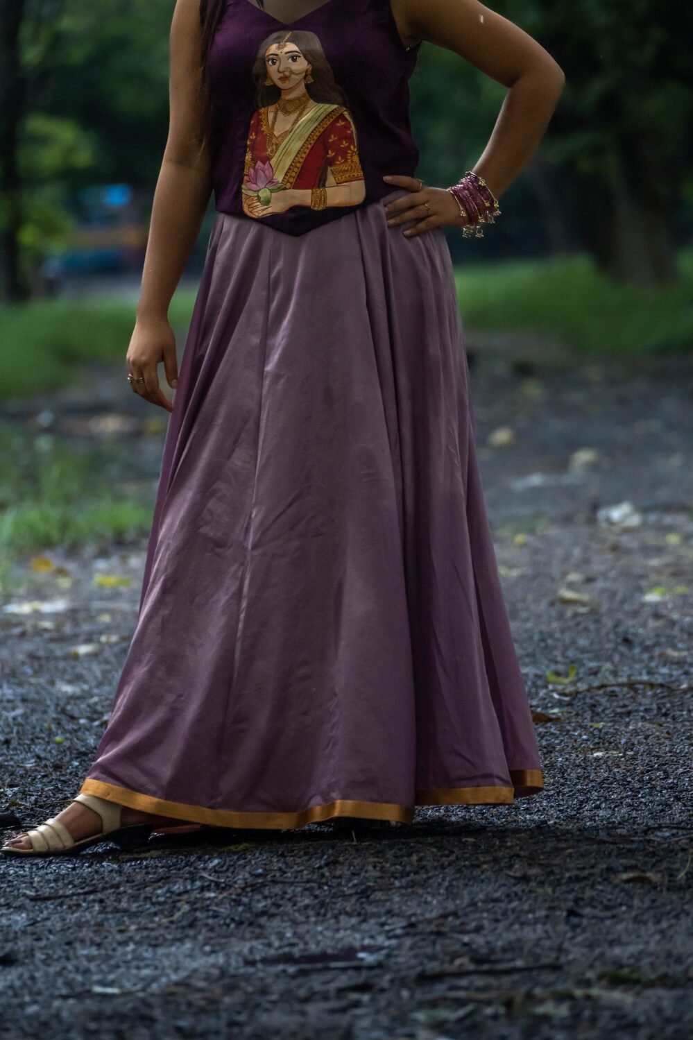 3. Full-length shot of 37-inch crushed silk lehenga skirt draped in fluid movement.