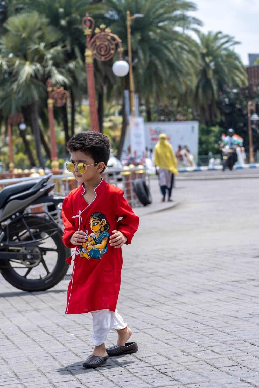 Kids festive fashion red hand painted angrakha kurta and pre stitched white dhoti set for Durga Puja celebration
