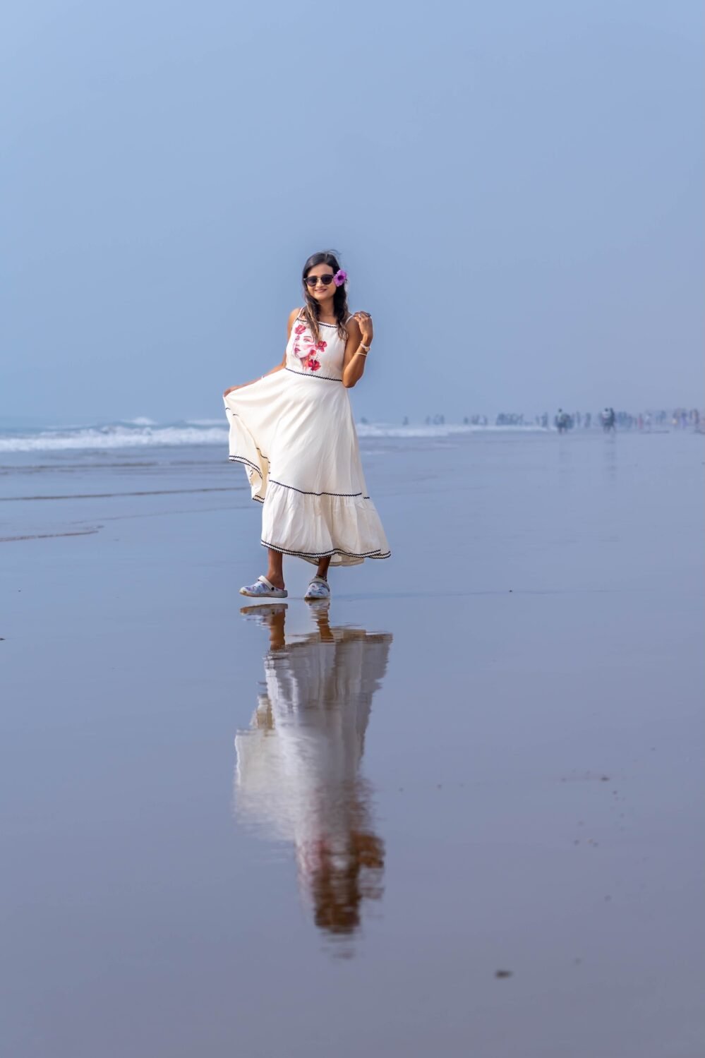 Full-length front view of the Madhubala tiered maxi dress featuring handpainted bodice art and contrast ric-rac trim.