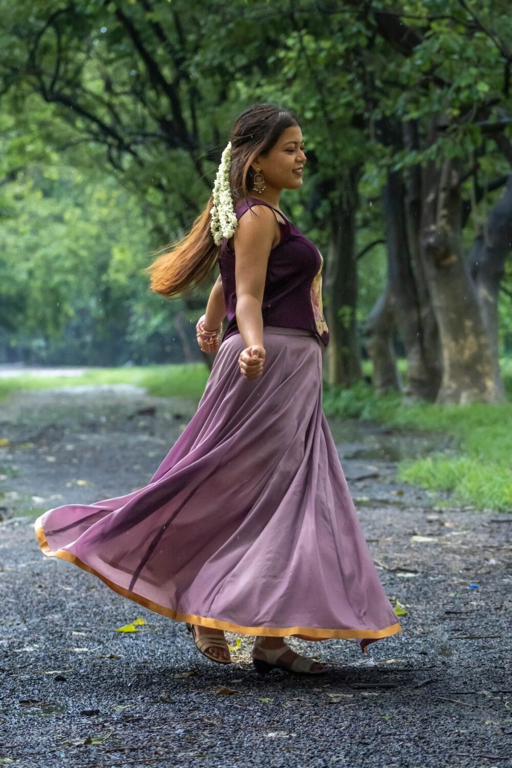 Side view of the Kalyani ethnic lehenga set highlighting its comfortable fit and flowy silhouette