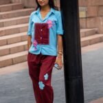 Woman showcasing the Sky Blue Maroon Orchid 3D handpainted co-ord set in an urban outdoor setting.