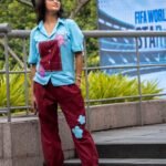 Full-length side view of the Sky Blue Maroon Orchid co-ord set highlighting the blue flower patch on the maroon pants.