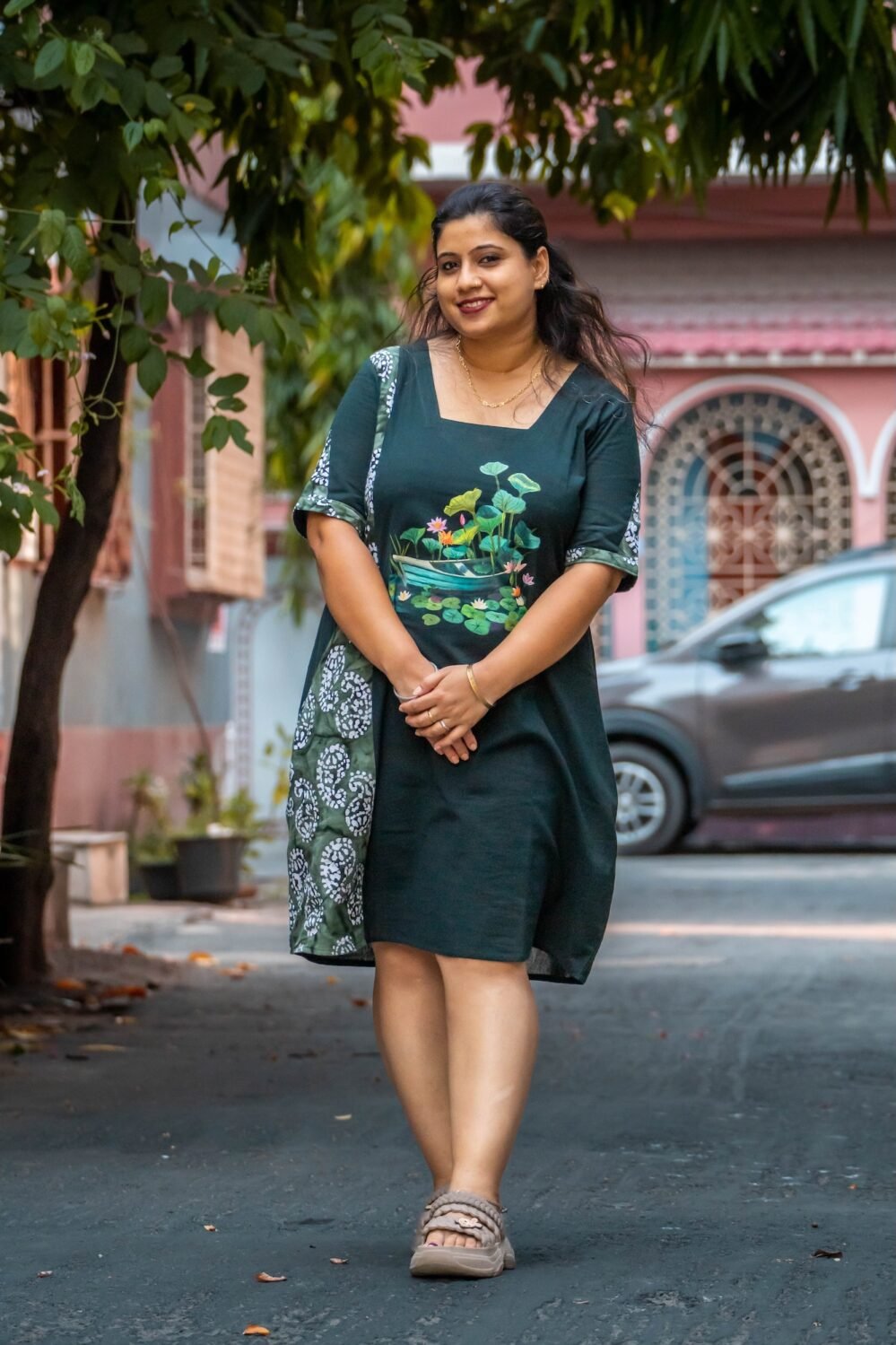 women wearing hand painted dress front look
