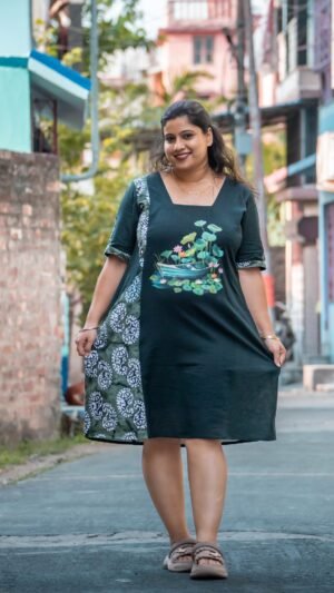 women showing dress details in the middle of a road