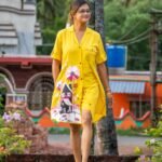Front view of yellow hand woven cottage-themed shirt set with blazer collar.
