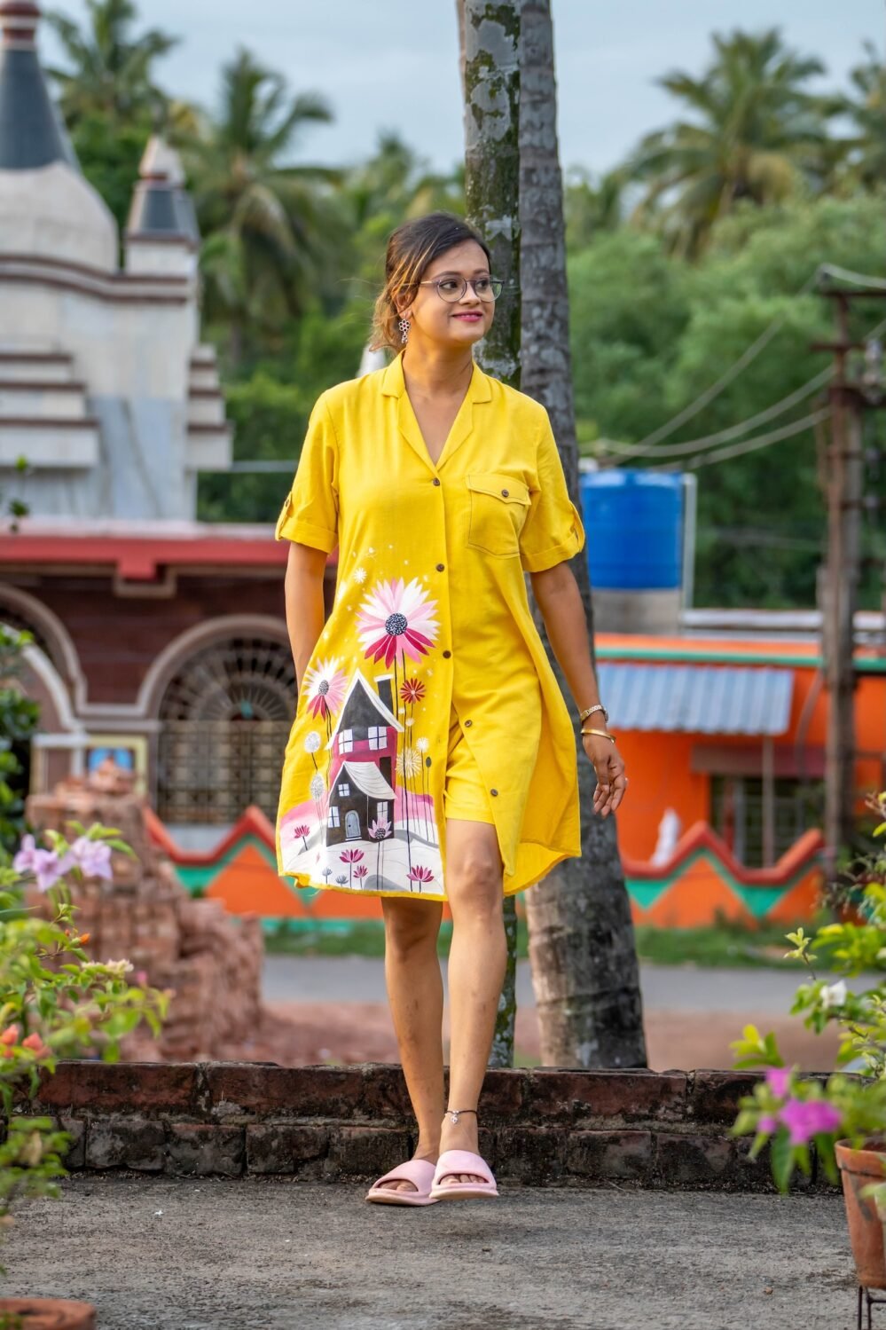 Front view of yellow hand woven cottage-themed shirt set with blazer collar.